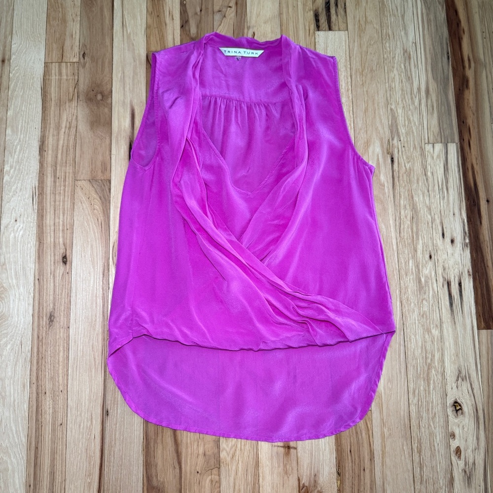 Trina Turk 100% Silk Drape High Low Magenta Tank Blouse Petite